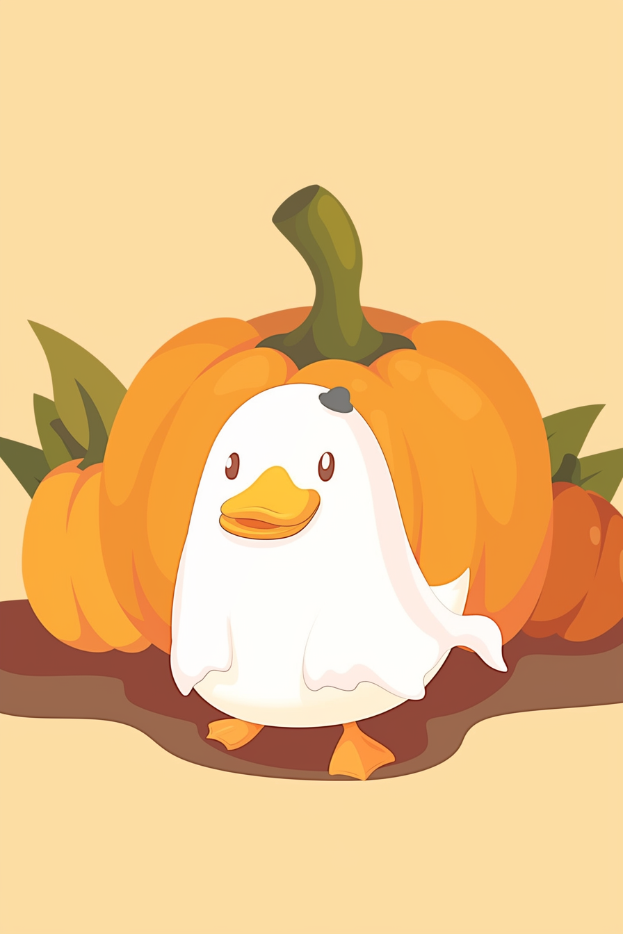 halloween cute animals drawings 2 - A whimsical illustration of a cute little duck dressed as a ghost, standing in front of a pumpkin.
